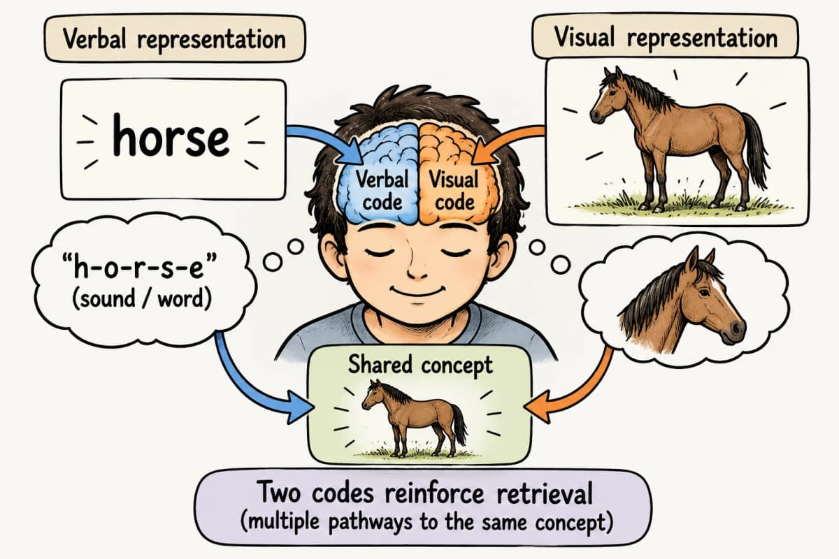 An illustration showing Dual Coding Theory with verbal and dual-coding, mind maps, multimedia learning, picture superiority, and AI-generated learning artifacts.
