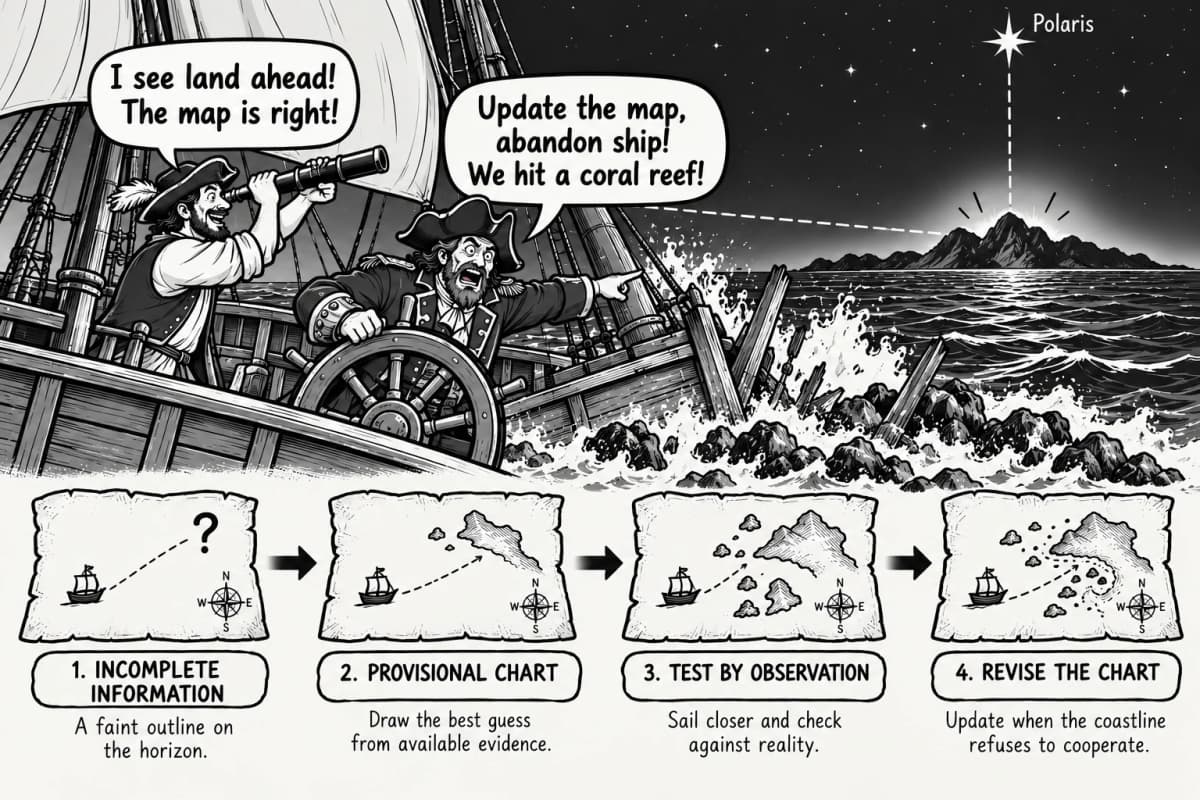 Illustration of abductive reasoning as a navigational journey, showing a provisional map revised through observation, hypothesis generation, prediction, and evidence, connecting scientific discovery with learning and real-world problem-solving.